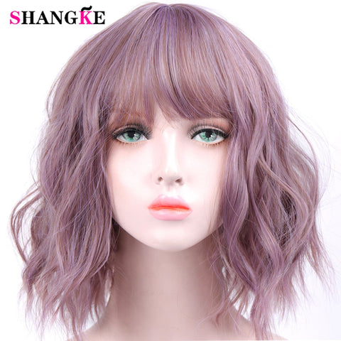 SHANGKE Short Wavy Wigs for Black Women African American Synthetic Hair Purple Wigs with Bangs Heat Resistant Wig