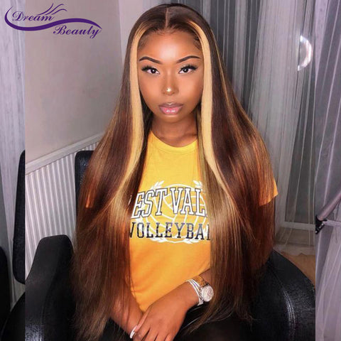 Blonde Lace Front Wigs Highlight Straight Lace Frontal Wig Brazilian Remy Lace Front Human Hair Wig Pre Plucked Dream Beauty
