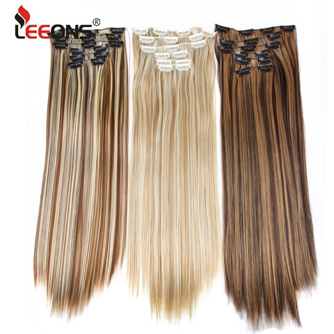 Leeons 16 colors 16 clips Long Straight Synthetic Hair Extensions Clips in High Temperature Fiber Black Brown Hairpiece