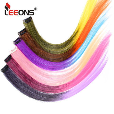 Leeons Colored Highlight Synthetic Hair Extensions Clip In One Piece Color Strips 20" Long Straight Hairpiece For Sports Fans